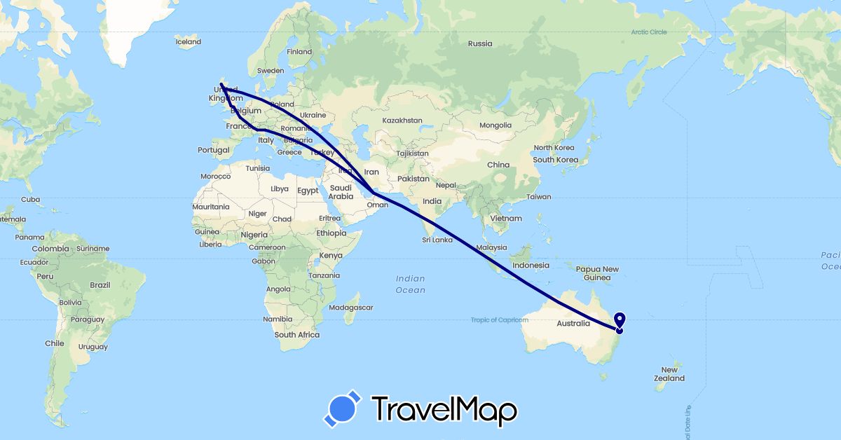 TravelMap itinerary: driving in United Arab Emirates, Australia, Switzerland, France, United Kingdom, Italy (Asia, Europe, Oceania)